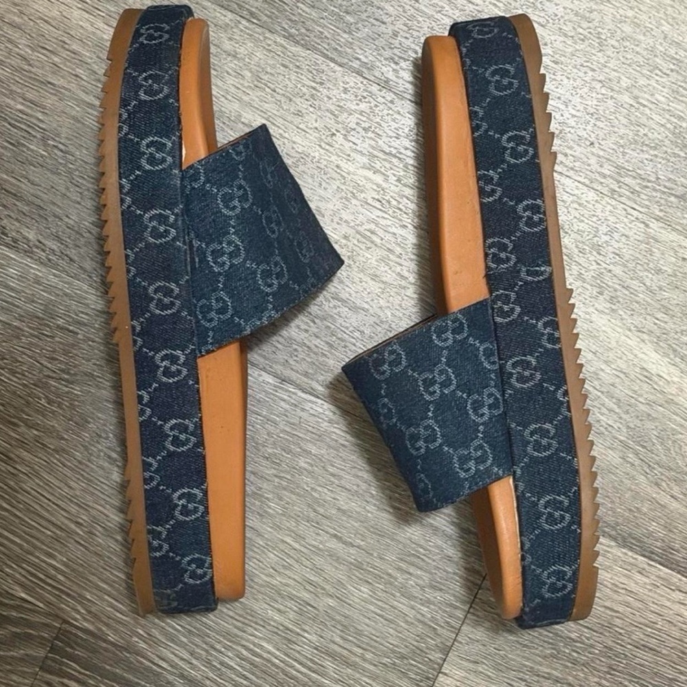 Canvas Denim Monogram Slide Sandals